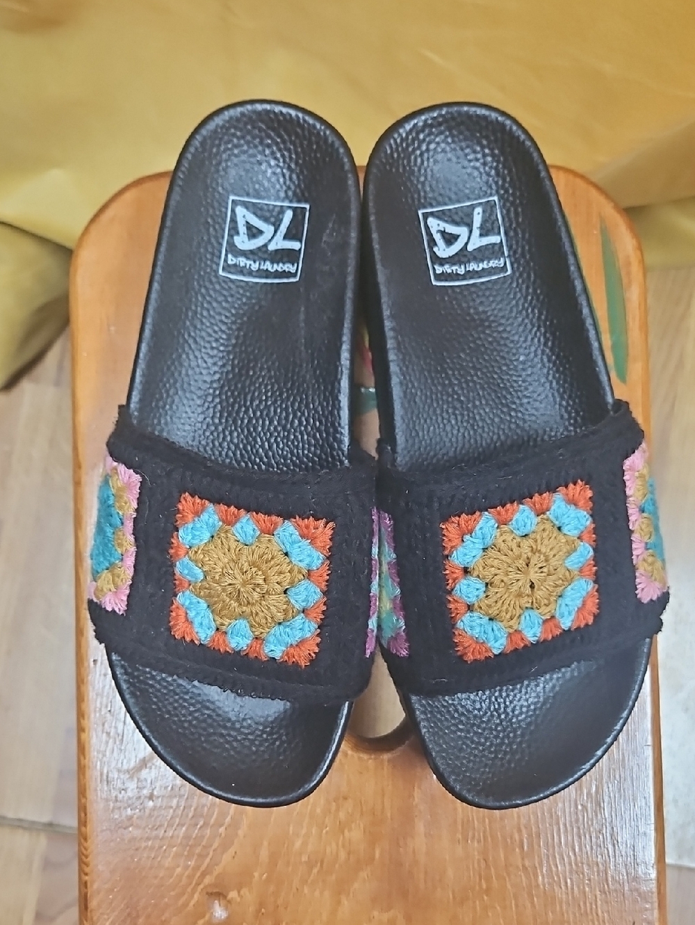 Black Crochet Slide Sandals with Multicolor Accent